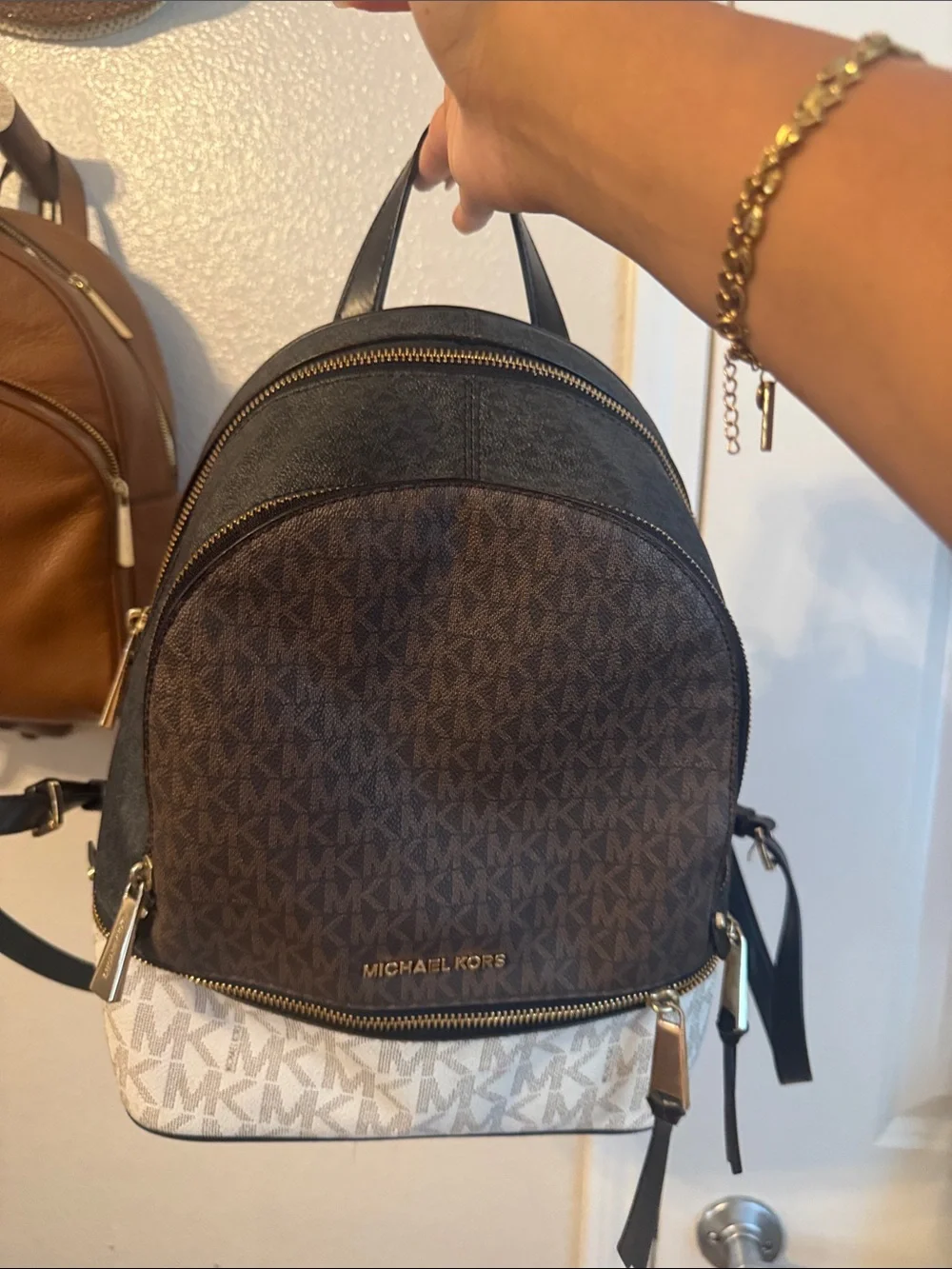Michael Kors Brown & Cream Signature MK Mini Backpack